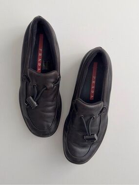 Vintage 00s Prada Red Tab Dark Brown Leather Toggle Sporty Slip-On Loafers